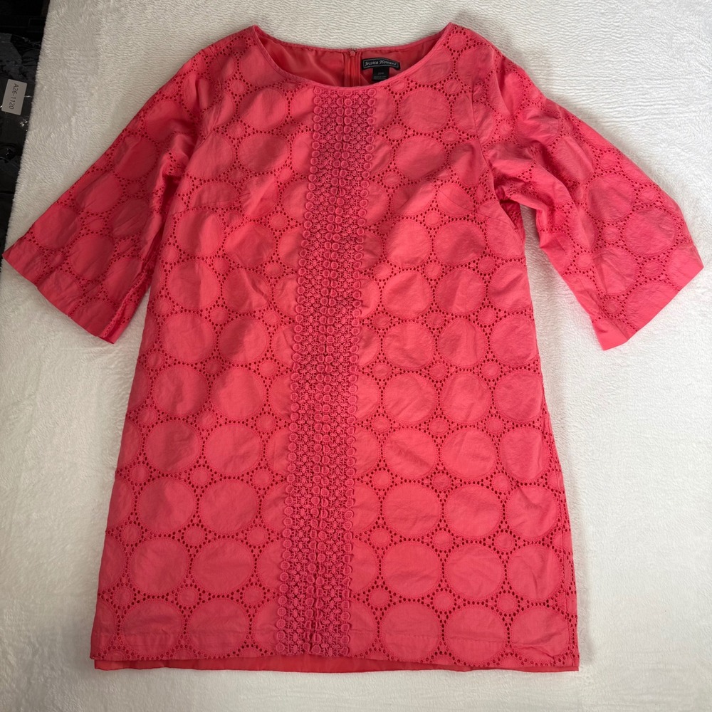 Jessica Howard 20W Coral Eyelet Lace Shift Dress Geometric Illusion 3/4 Sleeve